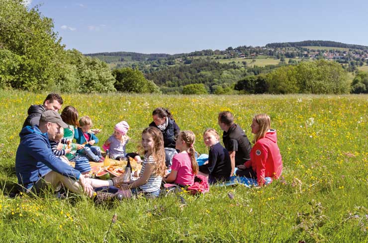 Symbolbild für Natur: Grün-blühende Wiese mit Hügeln im Hintergrund, vorne zehn Erwachsene und Kinder beim Picknick